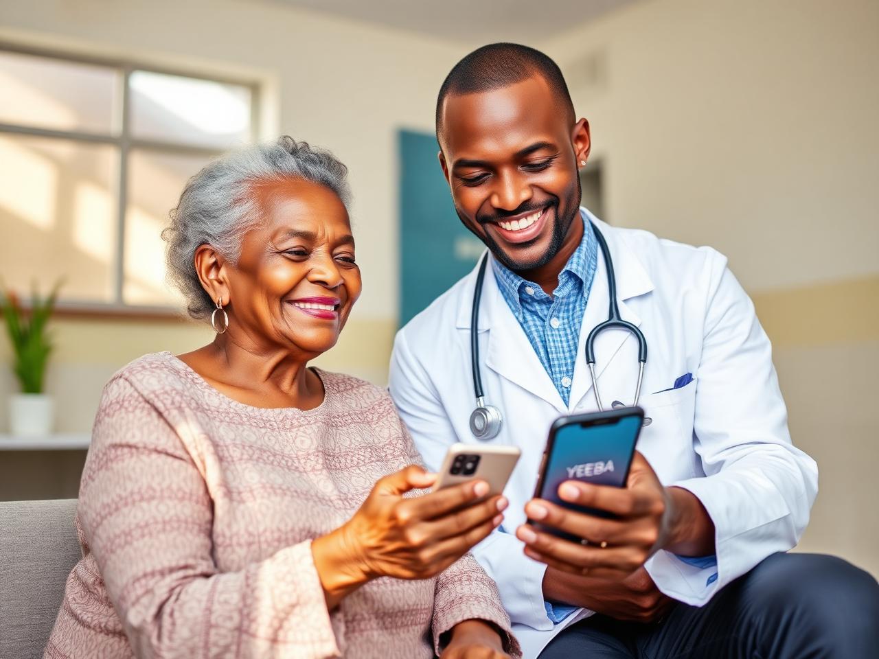Ghanaian doctor showing the YEEBA app to an elderly patient at a Kumasi clinic