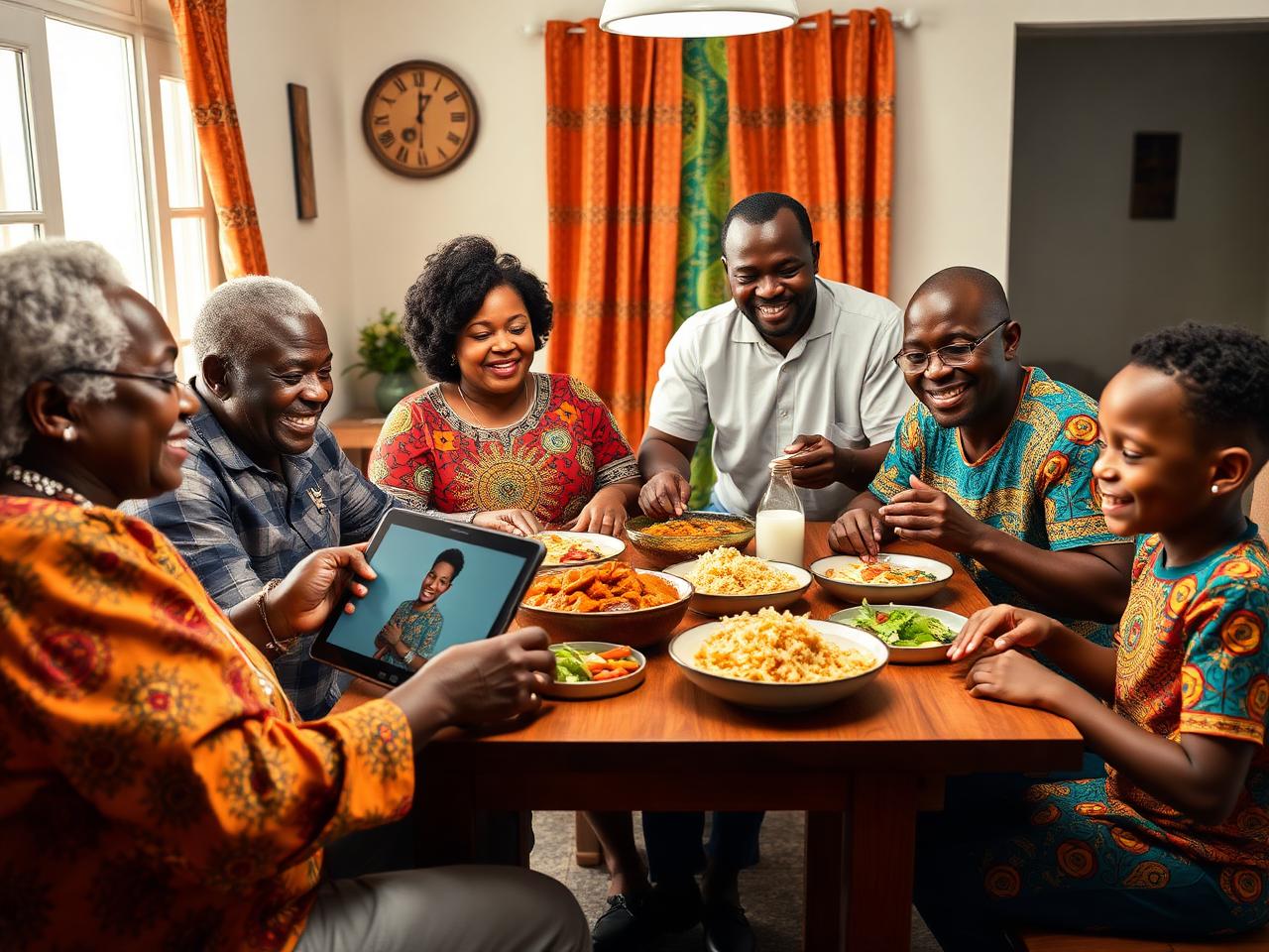 Ghanaian family enjoying a meal together while video-calling a relative abroad who sent the food