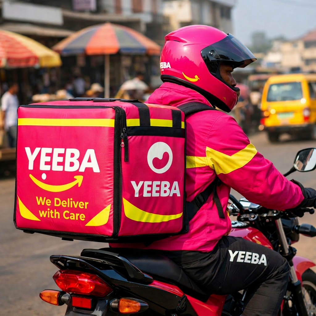 YEEBA rider in Kumasi with pink delivery bag reading We Deliver with Care